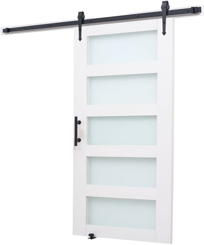 Schuifdeur voor schuur, 1067 x 2134 mm, duurzaam MDF-paneel met glas, deur met beslagset, waterbestendige PVC-afwerking, eenvoudige installatie, H-frameontwerp, stil en soepel schuiven voor woonruimtes