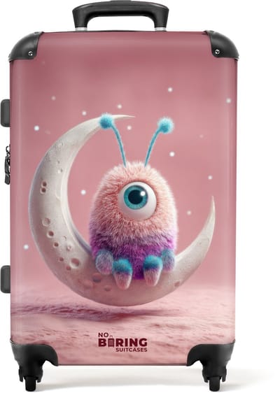 NoBoringSuitcases.com - Grote koffer - Roze monster op de maan - Kinderkoffer geschikt voor jongen en meisjes - Reiskoffer met 4 wielen - Trolley op wieltjes - Rolkoffer groot kinderen - 72 liter - Ruimbagage valies 20kg