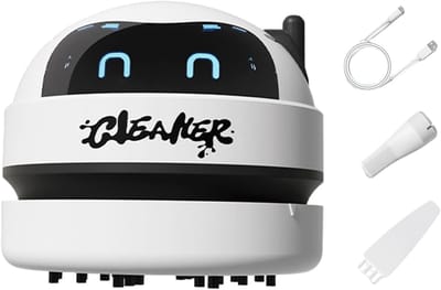 Draadloze mini-stofzuiger voor het bureau met robotdesign, oplaadbaar via USB, 3 snelheidsstanden, led-display en afneembaar mondstuk; geschikt voor thuis, kantoor, auto, toetsenbord en bureau – Wit