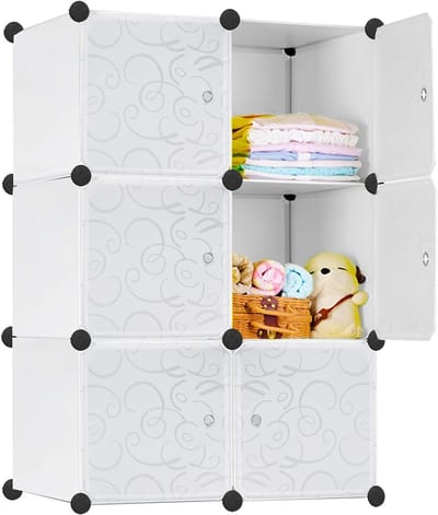 70x35x105cm Wit Kledingkast Kunststof, Reksysteem Garderobekast met 6 Kubussen & Deur, Draagbare Planksysteem Slaapkamerkast, Combikast voor Kleding/Boeken/Speelgoed, NAIZY