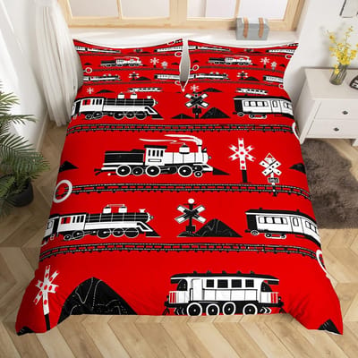 Vintage Stoomtrein Dekbedovertrek Cartoon Klassiek Spoorweg Retro Beddengoed Set Cadeau voor Meisjes Jongens Reis Locomotief Trein Bed Overtrek EU Double(200*200cm)3pcs