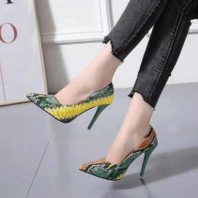 Nieuwe Mode Hoge Hakken Vrouw ,Grote Maat Lente Schoenen ,Dames Pumps ,Puntige Neus ,Slangenpatroon Gemengde Kleuren ,Dropship 34