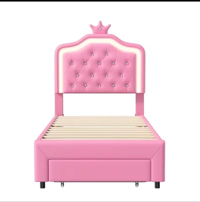 Mila Shop Roze kinderbed - Peuterbed - Eenpersoonsbed - Gestoffeerd - Met lattenbodem - Led verlichting en opbergruimte - Hoofdbord - Roze - 90x200cm