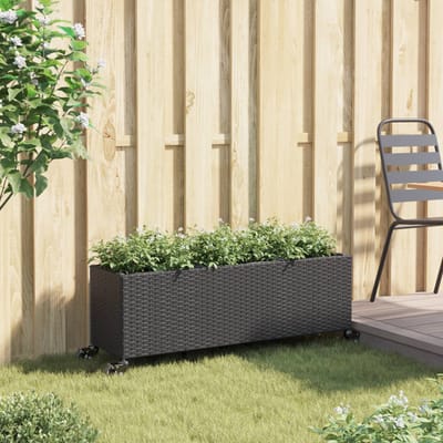 vidaXL - Plantenbak - met - wielen - 3 - potten - 107x32x38 - cm - poly - rattan - zwart
