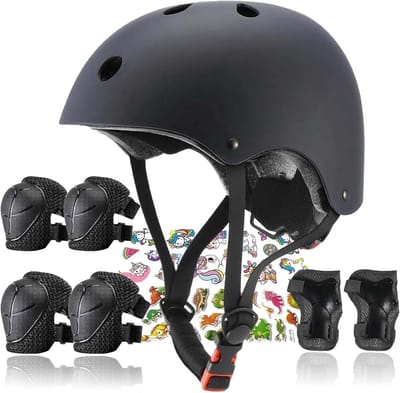 KZQ Kind Beschermingsset, Helm met Knie Elleboog en Pols Beschermers, Sportveiligheid voor Kinderen 3 tot 14 Jaar, Verstelbare Skateboard Fiets Skeeler Helm voor Meisjes en Jongens, Zwart
