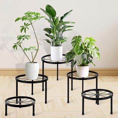 Famanu - 5 bloempotten, ijzeren plantenstandaard, retro metalen rek, rond, van smeedijzer, bloempothouder voor buitenplanten, voor binnen en balkon, zwart