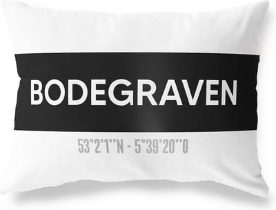 Tuinkussen BODEGRAVEN - ZUID-HOLLAND met coördinaten - Buitenkussen - Bootkussen - Weerbestendig - Jouw Plaats - Studio216 - Modern - Zwart-Wit - 50x30cm