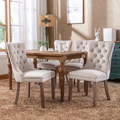4 eetkamerstoelen, keukenstoelen, woonkamerstoelen, gestoffeerde stoelen met siernagels, houten poten, fluwelen zitting, beige kleur