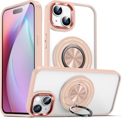 Hoesje Geschikt voor iPhone 15 Plus hoesje voor Magsafe Transparant hard case Rose Goud - kickstand Draaibare Ring Houder