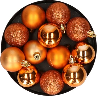 Krist+ kleine kerstballen - 12x - oranje - kunststof - 4 cm - mat/glans/glitter