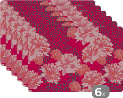 Placemat - Placemats kunststof - Luipaard - Dierenprint - Pioenroos - Patroon - 45x30 cm - 6 stuks - Hittebestendig - Anti-Slip - Onderlegger - Afneembaar