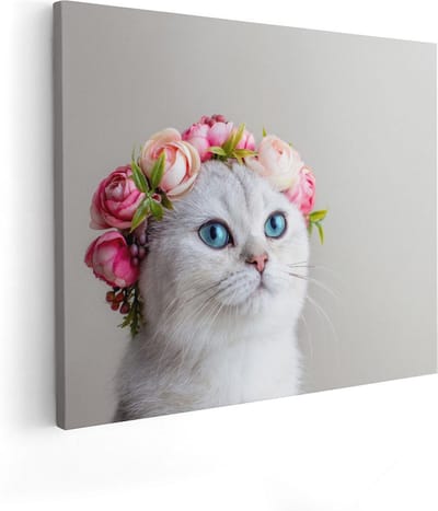 Artaza Canvas Schilderij Kat Met Bloemen - 50x40 cm - Wanddecoratie Woonkamer - Muurdecoratie Kat - Kamer Accessoires