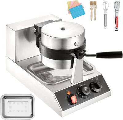 Commerciële ronde wafelijzer, 1300 W, draaibaar, antiaanbaklaag, voor thuis en op het werk, 220 V, roestvrij staal, zwart