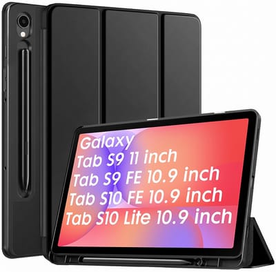 Casemania Hoes Geschikt voor Samsung Galaxy Tab S10 Lite (10.9") / Tab S10 FE (11") / Tab S9 (11") / Tab S9 FE (11") - Zwart - Tri-Fold Case met S-Pen Houder - Smart Cover - Auto-Wake/Sleep