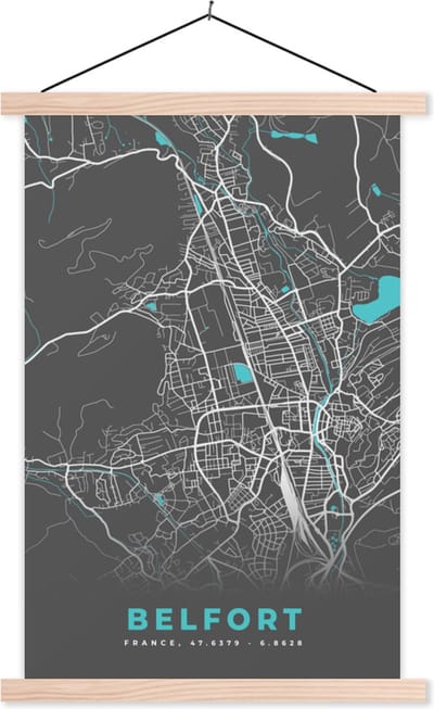 Posterhanger incl. Poster 40x60 cm - Schoolplaat - Belfort - Frankrijk - Kaart - Stadskaart - Plattegrond - Textielposter - Blanke latten - Stadskaart