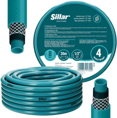 Sillar, Tuinslang 1/2" 30m, maatvast, flexibele tuinslang met PVC binnenslang, slijtvast en UV-bestendig, lichtgewicht, weerbestendig, 8 bar, 4-laags