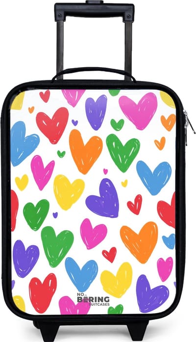 NoBoringSuitcases.com® - Kinderkoffer jongen - Kindertrolley meisje - Gekleurde hartjes - Koffer kind lichtgewicht - Reiskoffer trolley voor kinderen - Koffertje met lichtgevende wieltjes - Rolkoffer zwart