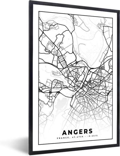 Fotolijst incl. Poster Zwart Wit- Stadskaart - Angers - Plattegrond - Kaart - Frankrijk - Zwart wit - 40x60 cm - Posterlijst