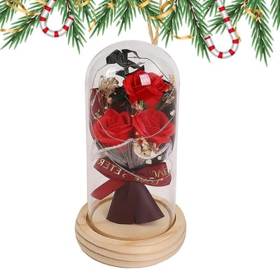 Roos in Koepel - Zijden Bloem - Decoratie Huis - Met LED Verlichting - 9x16 cm - Rood