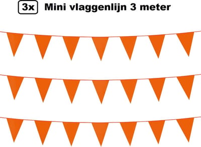 3x Mini vlaggenlijn oranje 3 meter - 10x 15cm - Huwelijk thema feest festival vlaglijn party