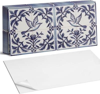Coloray Plaktegels - Vogel tussen plantenmotief Wandtegel Zelfklevend - 60 cm x 30 cm - Blauw Plaktegels - 6 stuks - Rechthoek PVC Tegels - Plaktegels Keuken - Zelfklevende Vloertegels Badkamer - Vinyl Tegels - Zelfklevende Wandtegels
