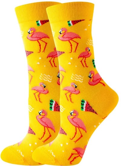 SilverAndCoco - Gekke Vrolijke Foute Sokken / Leuke Grappige Happy Dikke Warme Huissokken Dames Heren Kerstcadeau pakket / Gele Thermosokken Katoen / Wintersokken Mannen en Vrouwen Socks Geel Sinterklaas Schoen Kerst Cadeautje - Flamingo Watermeloen