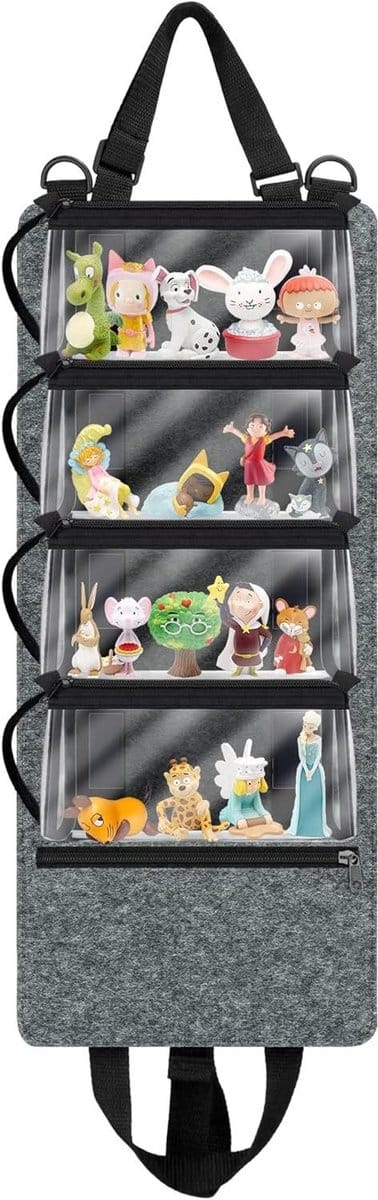 Draagtas voor Creatieve Figuren met 4 Verwijderbare Zakjes, Opbergoplossing voor Speelgoed, Hangend aan Muur of Autostoel, Grijs