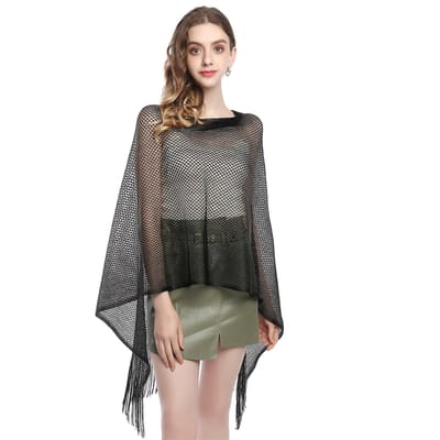 Zomerponcho voor dames met zonbescherming en pompons, Zwart, Glinsterende metallic sjaals en sjaals van Glinsterende avondjurken Stola voor vrouwen Avondceremonies Feesten Bruiloft Cyslmuk