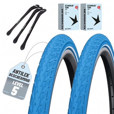2-delige set Schwalbe fietsbanden Delta Cruiser Plus HS 431 28 x1.40 inch (37-622) blauw + SV binnenbanden + 3x MSZweirad bandenlichters