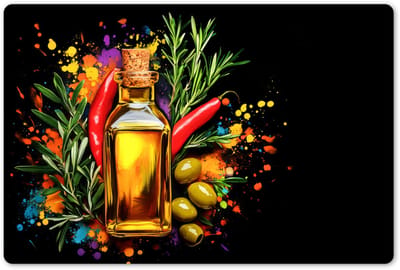 Placemats 45x30 cm - Placemat kunststof - 1 stuk - Olijfolie - Graffiti - Peper - Olijven - Modern - Borden onderleggers - Decoratie voor op tafel - Keuken tafeldecoratie accessoires - Vinyl onderlegger - Tafelversiering