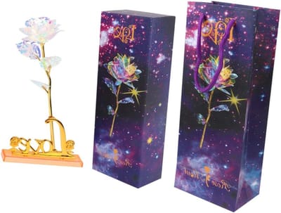 Gouden Roos - Kunstbloem Decoratie - Romantisch Cadeau - In Glazen Koepel - 190 Gram - Paars