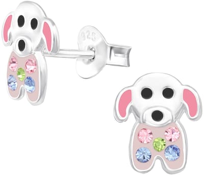Joy|S - Zilveren hond oorbellen - zilver met roze oortjes en zacht roze buikje met kristalletjes - 7 x 9 mm - kinderoorbellen