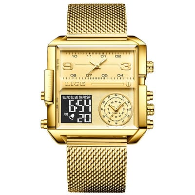 LIGE Topmerk Luxe Herenhorloges Vierkant Digitaal Sport Waterdicht Heren Quartz Polshorloge zwart/goud