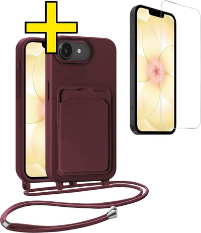 Hoesje Geschikt voor iPhone 17e Hoesje Met Koord Met Screenprotector Siliconen Case - Hoes Geschikt voor iPhone 17e Backcover Met Afneembaar Koord - Aubergine