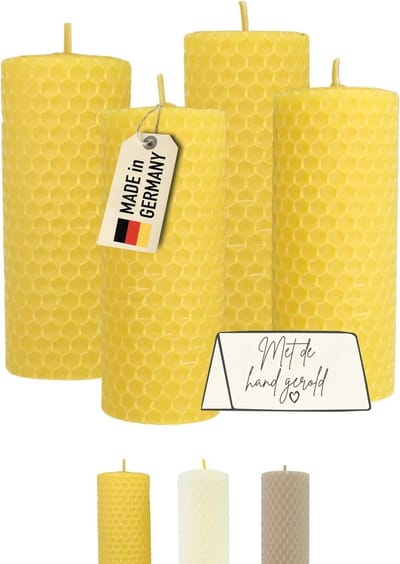 Set van 4 Gele Adventskaarsen van 100% Bijenwas, Handgerold, 6 Uur Brandduur, Stompkaarsen voor Kerstmis