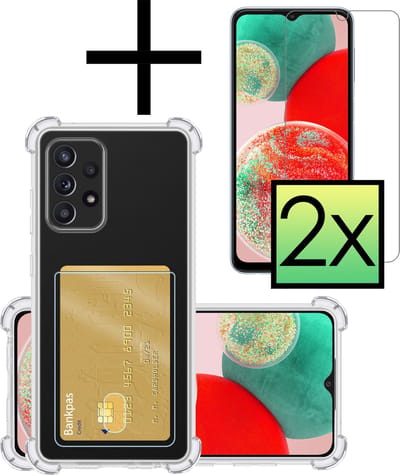 Hoesje - Geschikt voor Samsung Galaxy A23 - Met 2x Screenprotector - Pashouder - Kaarthouder - Telefoon Hoes Shockproof - Siliconen Case - Back Cover - Shock Proof - Pasjes Houder - Transparant