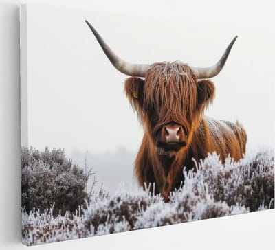 Saammp - Canvas Schilderij - Schotse Hooglander Koe - Bevroren gras - Dieren - Natuur - 30x20 - Foto op canvas - Wanddecoratie - muurdecoratie Woonkamer - Slaapkamer decoratie - Canvas Print