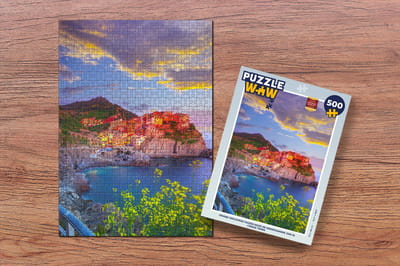 Puzzel Oranje gekleurde huizen door de ondergaande zon in Cinque Terre - Legpuzzel - Puzzel 500 stukjes