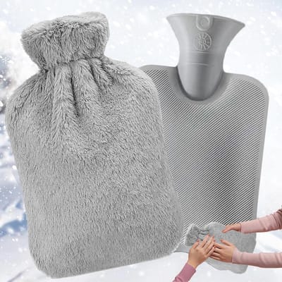 2 l warmwaterkruik met zachte pluisjes en wasbare hoes voor pijnverlichting - grijs