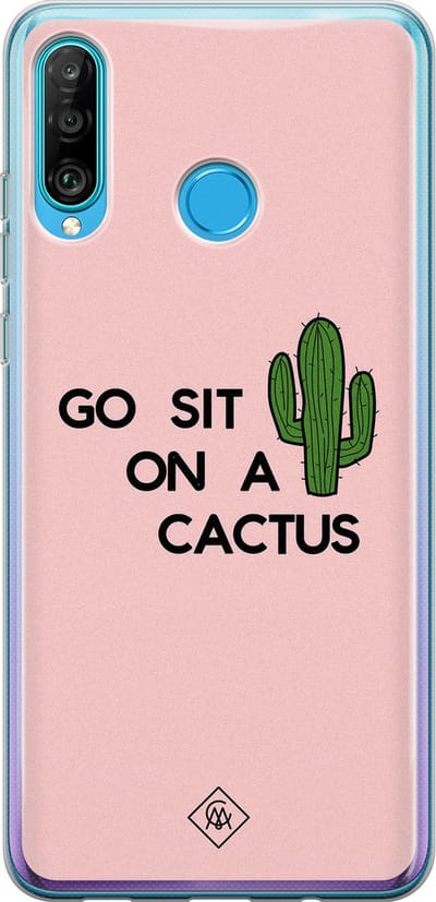 Casimoda® hoesje - Geschikt voor Huawei P30 Lite - Go Sit On A Cactus - Siliconen/TPU - Soft Case - Roze - Planten