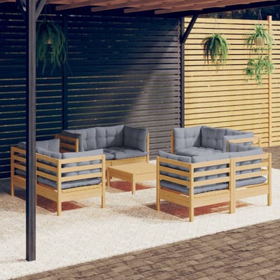 vidaXL - 9-delige - Loungeset - met - grijze - kussens - grenenhout