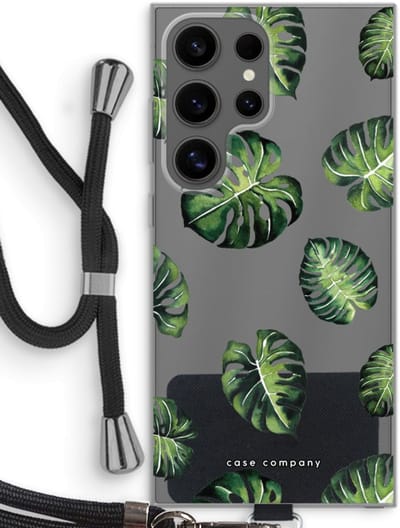 Case Company® - Hoesje met koord geschikt voor Samsung Galaxy S24 Ultra hoesje met Koord - Tropische bladeren - Telefoonhoesje met Zwart Koord - Bescherming aan alle Kanten en Over de Schermrand
