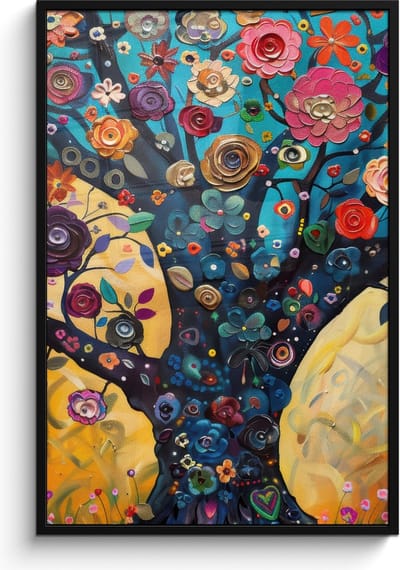 Poster in lijst - Fotolijst 80x120 cm - Posters - Boom - Levensboom - Kleurrijk - Bloemen - Modern - Posterlijst zwart - Decoratie - Wanddecoratie woonkamer - Muurdecoratie slaapkamer