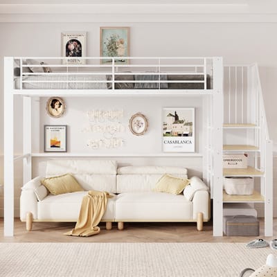 VVBV Metalen Hoogslaper 90x200 cm met Trap/Ladder, Voor Kinderen/Tieners - Voor Volwassenen, Opbergruimte - Metaal