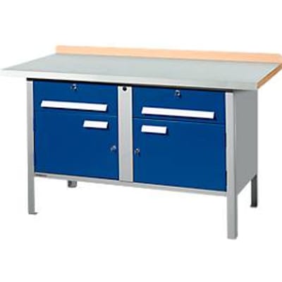 Werkbank met kasten Schäfer Shop Select PWi 150-0, ESD, beuken multiplexplaat, met stalen deksel, tot 750 kg, B 1500 x D 700 x H 840 mm, gentiaanblauw/blank aluminium