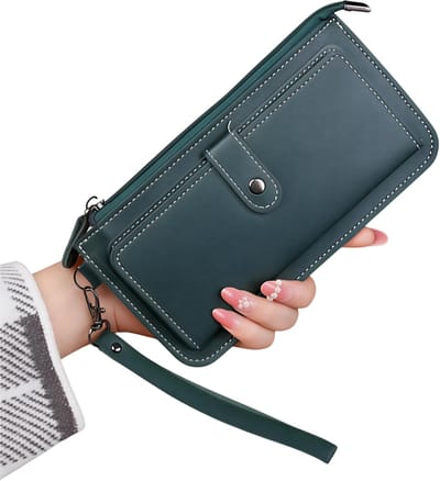 Mode Dames Portemonnee met Eenvoudige Rits – Groen – Lange Clutch Portemonnee van Zacht Kunstleer – Stijlvolle Geldtas met Kaarthouder voor Pasjes, Contant Geld en Telefoon