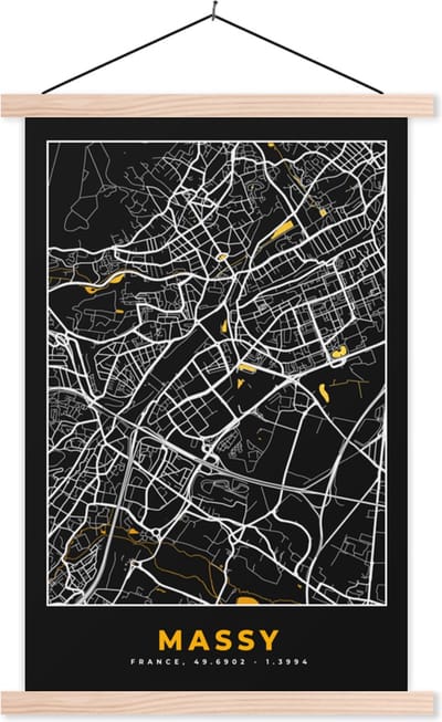 Posterhanger incl. Poster 40x60 cm - Schoolplaat - Massy - Plattegrond - Frankrijk - Kaart - Stadskaart - Textielposter - Blanke latten - Stadskaart