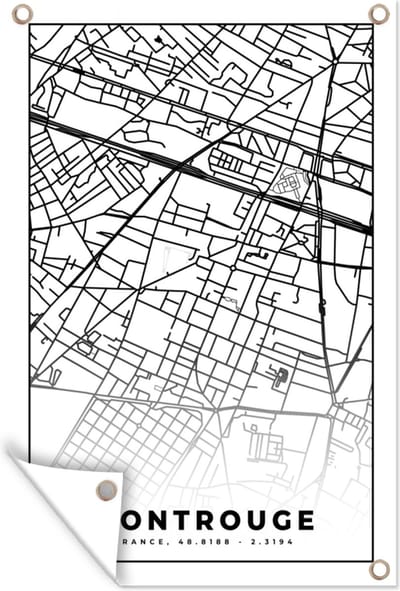 Muurdecoratie Stadskaart – Plattegrond – Montrouge - Kaart – Frankrijk - Zwart wit - 120x180 cm - Tuinposter - Tuindoek