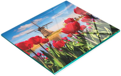 Decoratieve snijplank van gehard glas met Hollandse windmolens, 60x52 cm