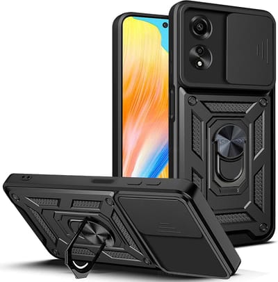 Casemania Hoesje Geschikt voor Oppo A58 4G - Zwart - Anti-Shock Hybrid Armor Back Cover - Hoes met Kickstand Ring en Camera Bescherming